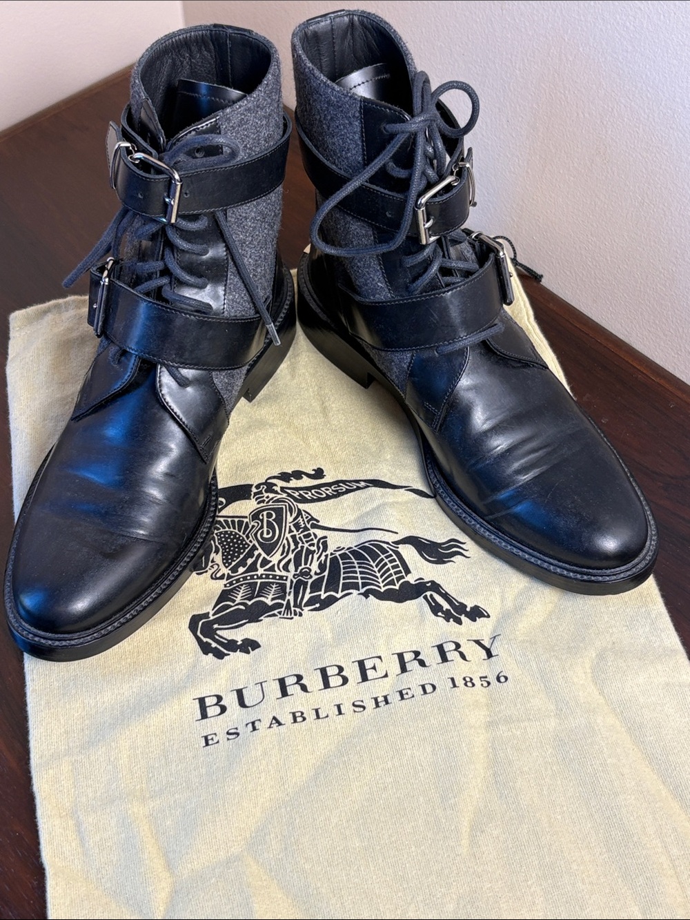 Burberry Haldworth  Black Leather and Gray Wool Lace-Up Combat Boots